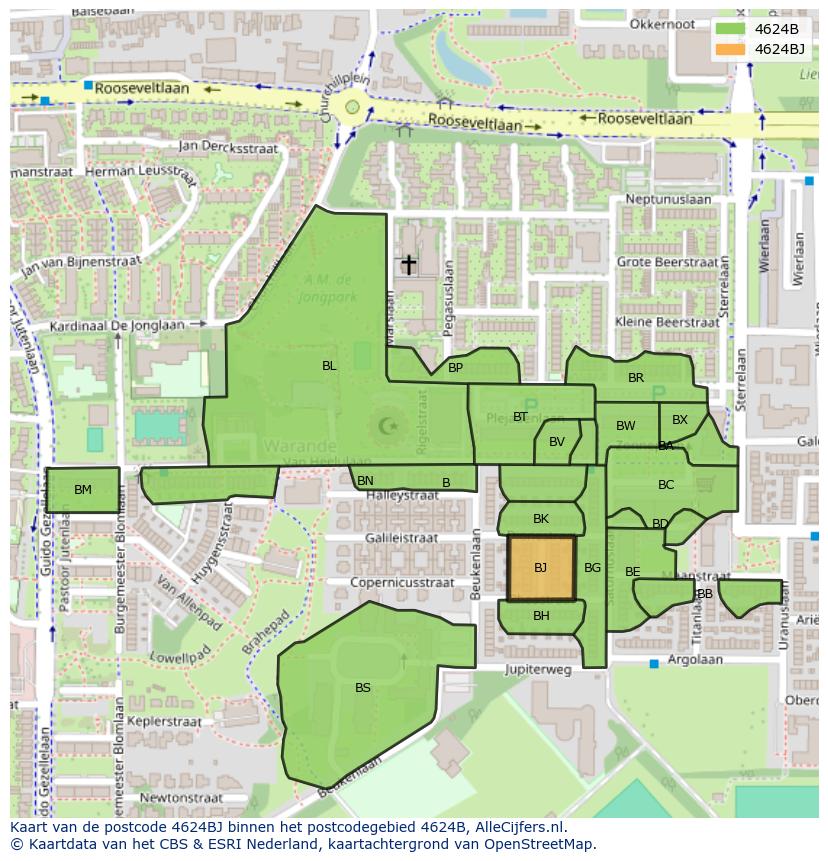 Afbeelding van het postcodegebied 4624 BJ op de kaart.