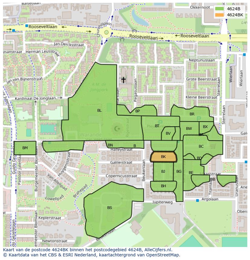 Afbeelding van het postcodegebied 4624 BK op de kaart.