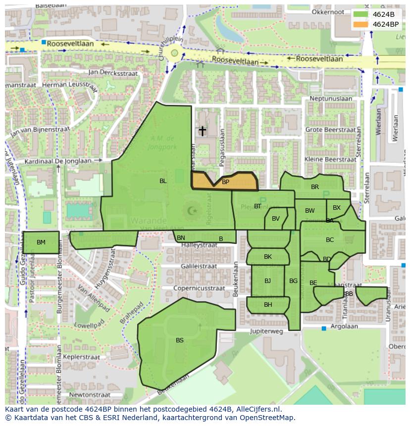 Afbeelding van het postcodegebied 4624 BP op de kaart.