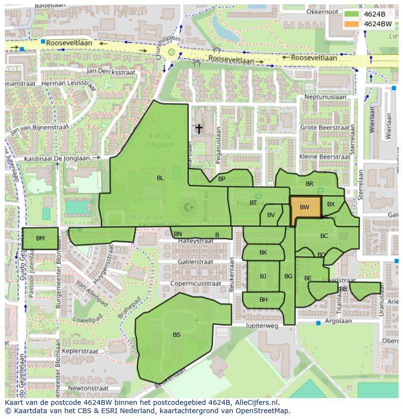 Afbeelding van het postcodegebied 4624 BW op de kaart.