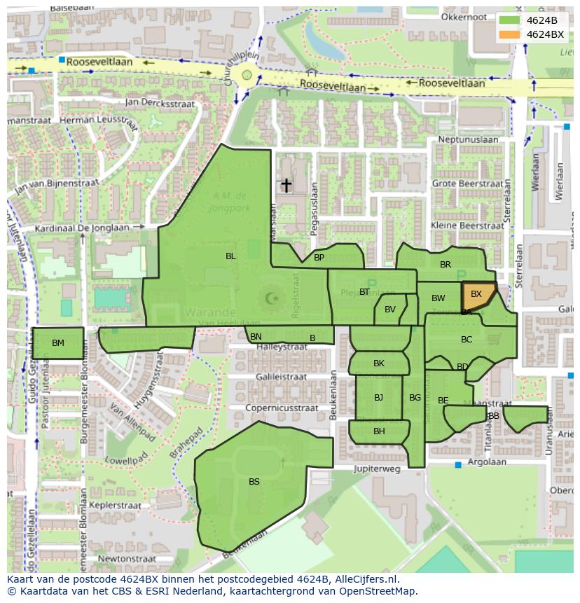 Afbeelding van het postcodegebied 4624 BX op de kaart.