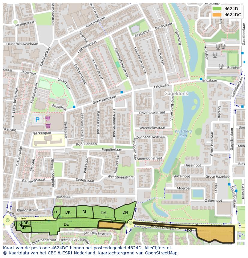 Afbeelding van het postcodegebied 4624 DG op de kaart.