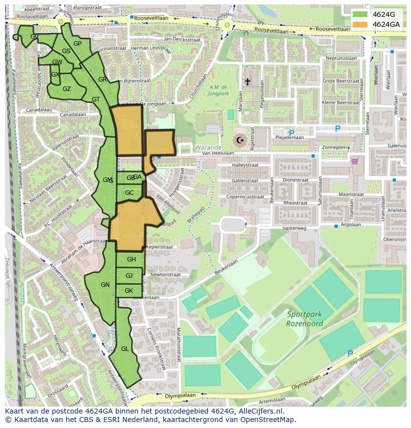 Afbeelding van het postcodegebied 4624 GA op de kaart.