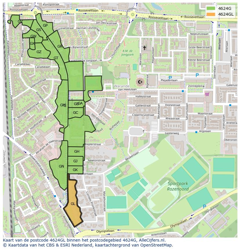 Afbeelding van het postcodegebied 4624 GL op de kaart.