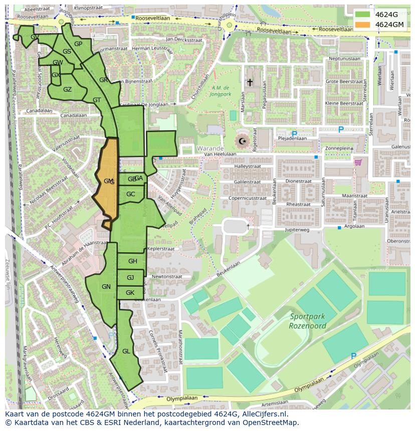 Afbeelding van het postcodegebied 4624 GM op de kaart.