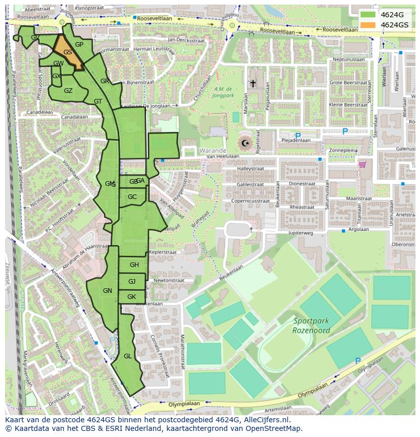 Afbeelding van het postcodegebied 4624 GS op de kaart.