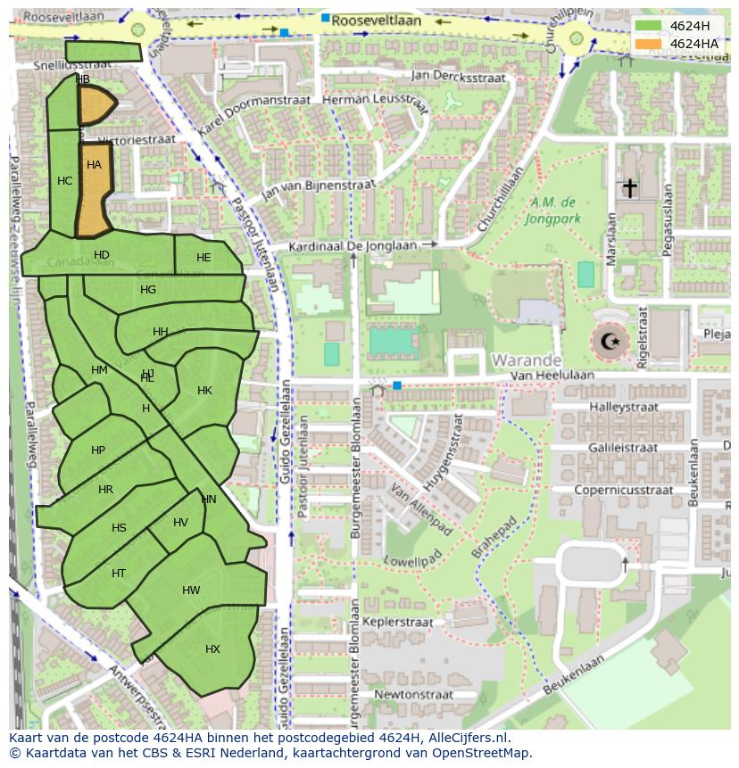 Afbeelding van het postcodegebied 4624 HA op de kaart.