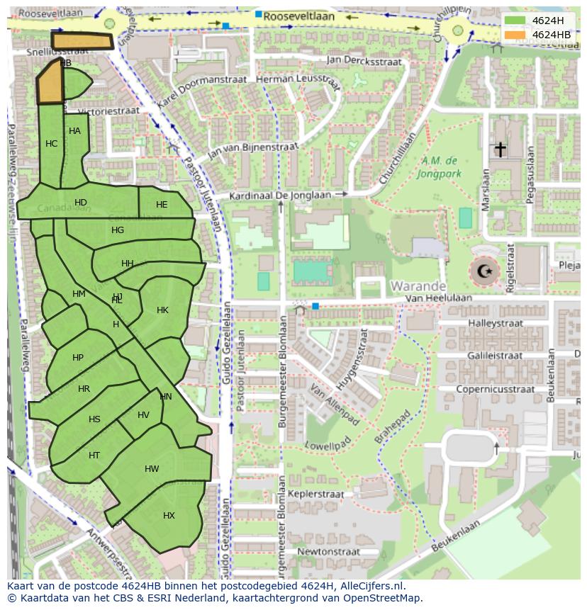 Afbeelding van het postcodegebied 4624 HB op de kaart.
