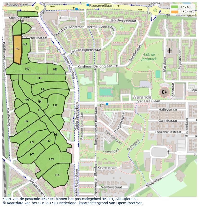 Afbeelding van het postcodegebied 4624 HC op de kaart.