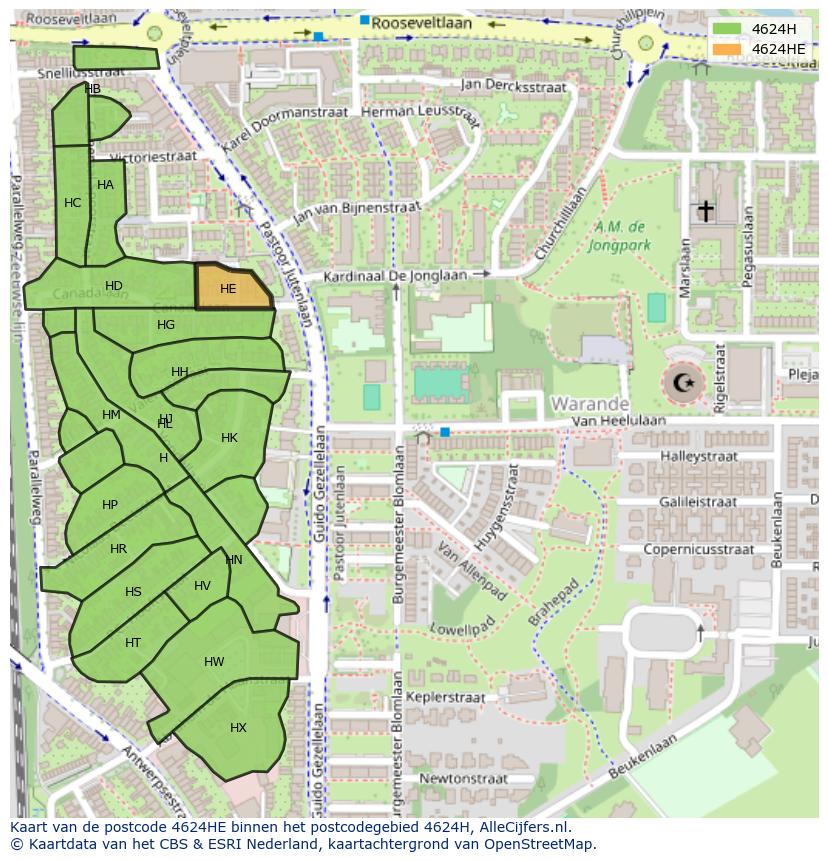 Afbeelding van het postcodegebied 4624 HE op de kaart.