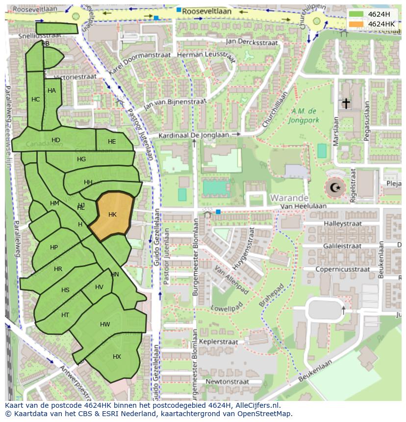 Afbeelding van het postcodegebied 4624 HK op de kaart.