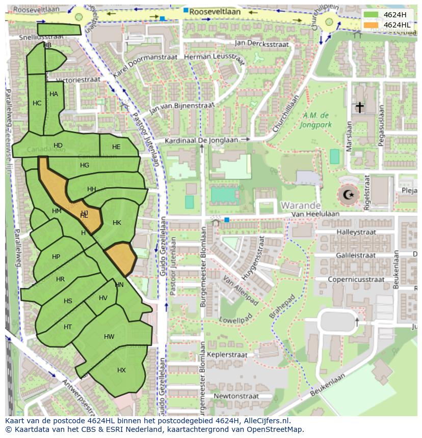 Afbeelding van het postcodegebied 4624 HL op de kaart.