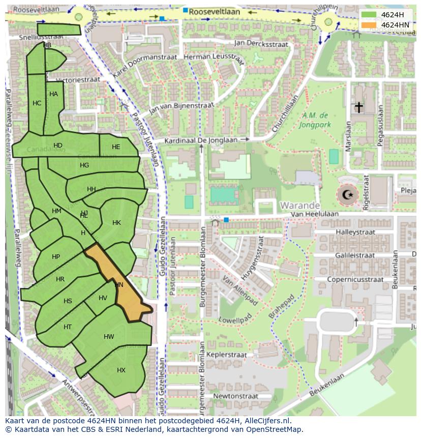 Afbeelding van het postcodegebied 4624 HN op de kaart.