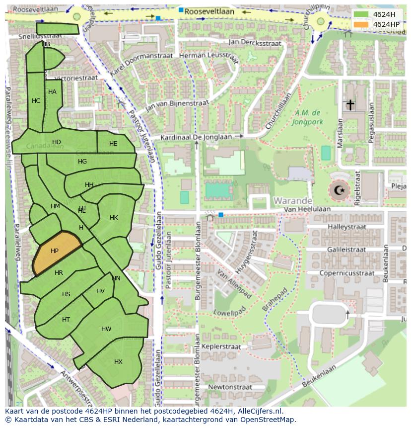 Afbeelding van het postcodegebied 4624 HP op de kaart.