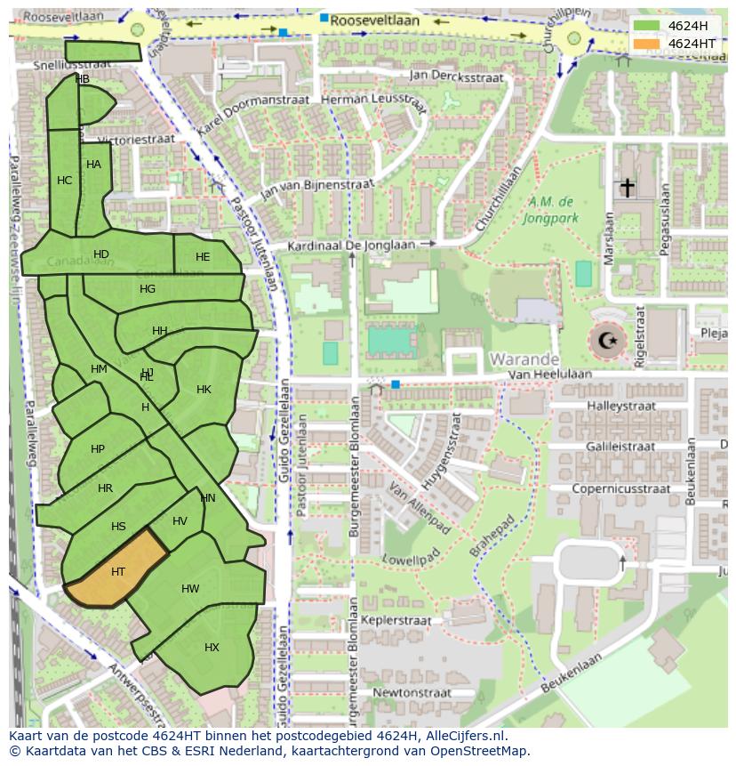 Afbeelding van het postcodegebied 4624 HT op de kaart.