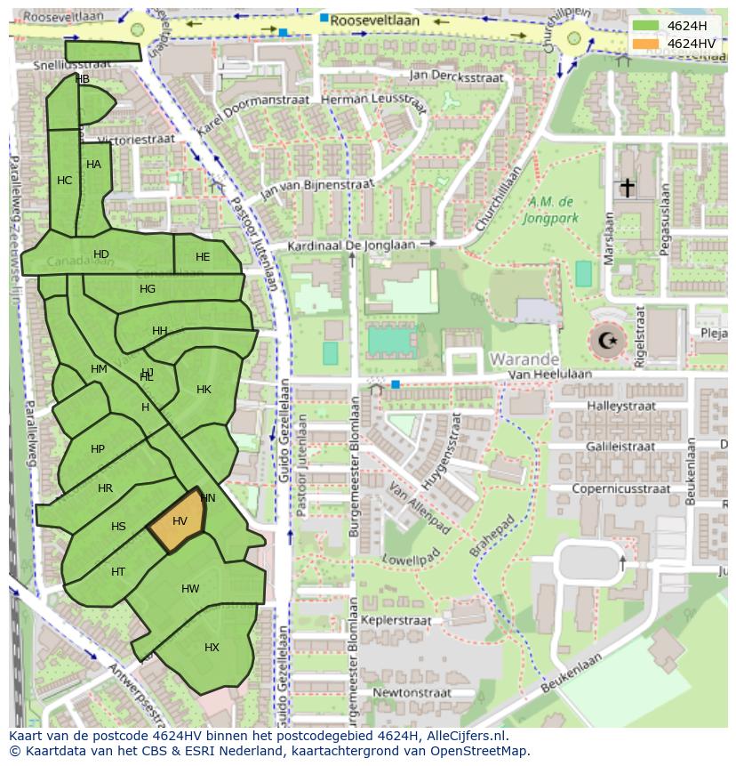 Afbeelding van het postcodegebied 4624 HV op de kaart.