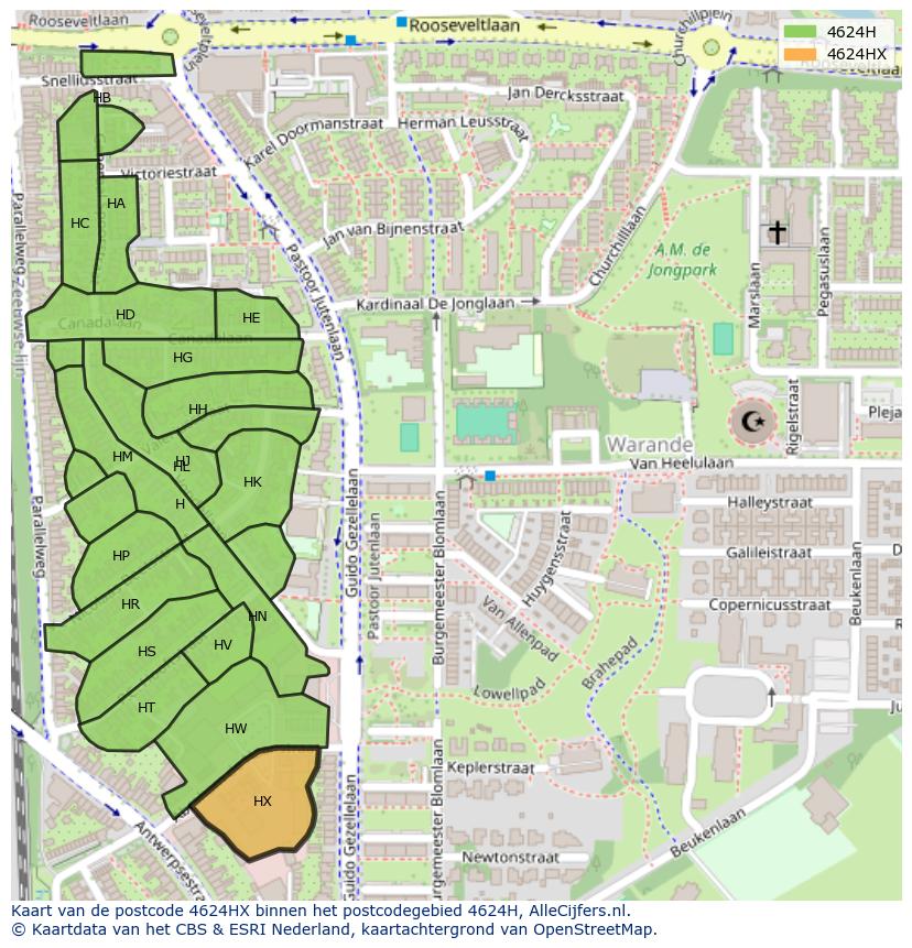 Afbeelding van het postcodegebied 4624 HX op de kaart.