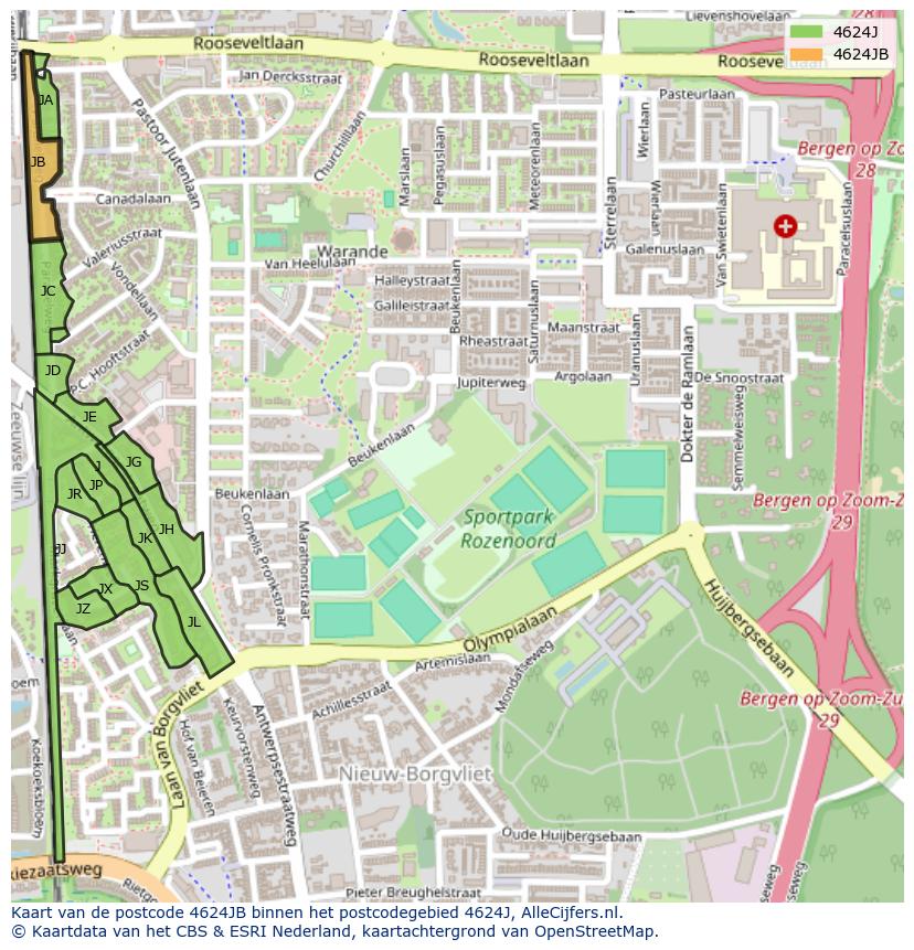 Afbeelding van het postcodegebied 4624 JB op de kaart.