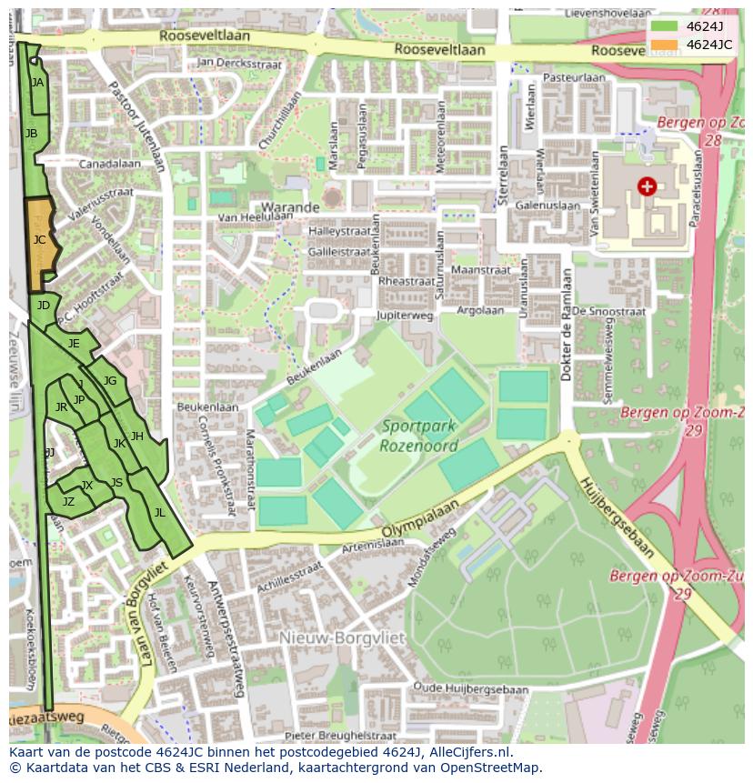 Afbeelding van het postcodegebied 4624 JC op de kaart.