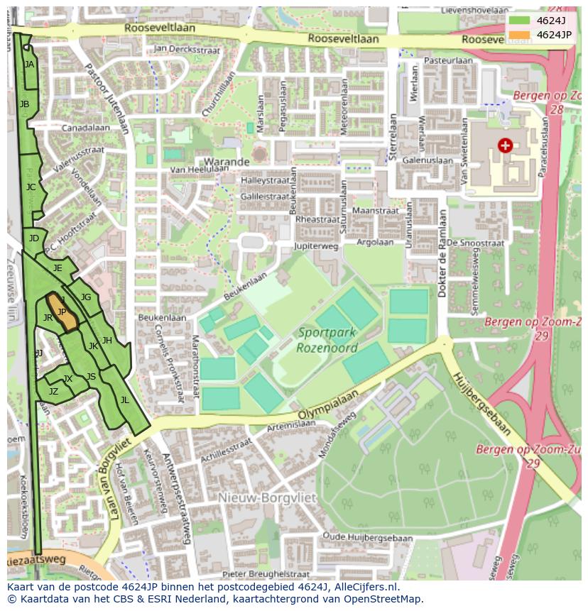 Afbeelding van het postcodegebied 4624 JP op de kaart.