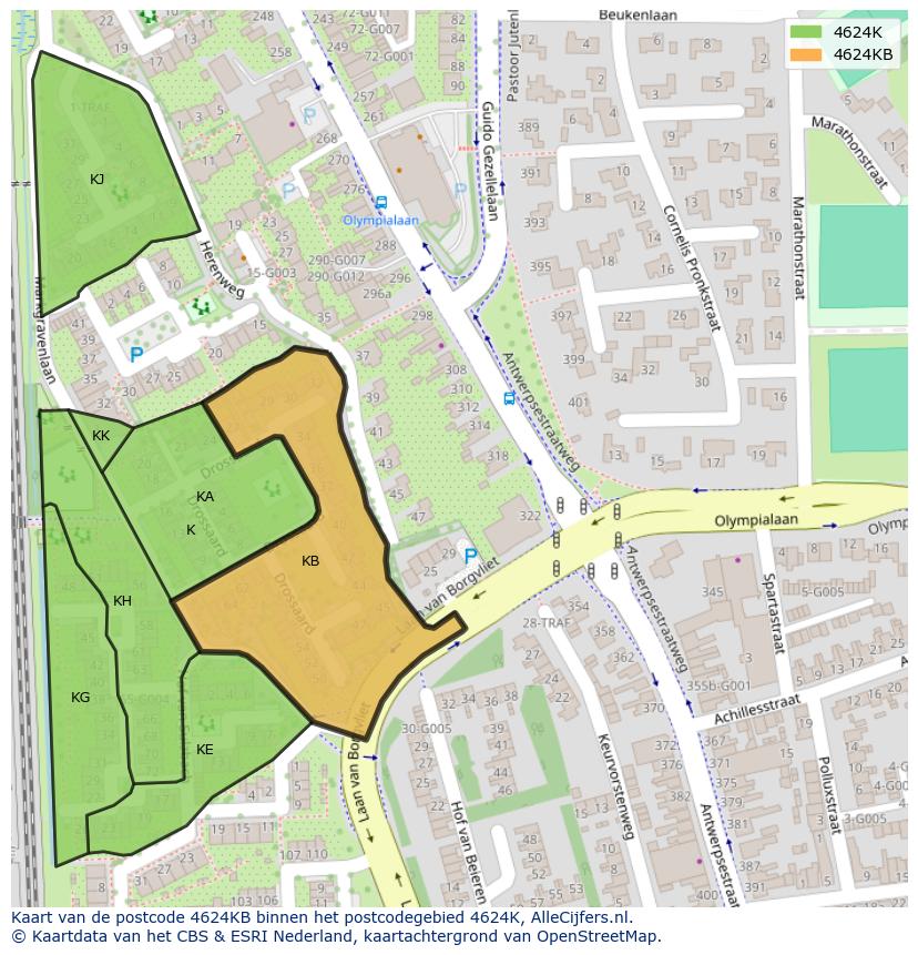 Afbeelding van het postcodegebied 4624 KB op de kaart.