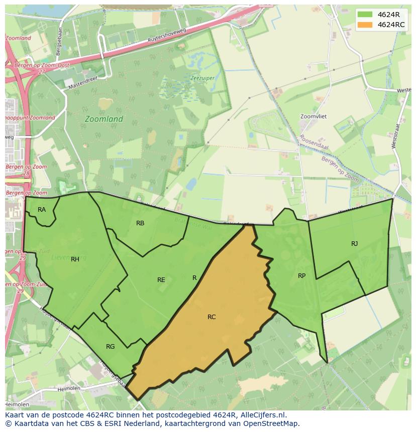 Afbeelding van het postcodegebied 4624 RC op de kaart.