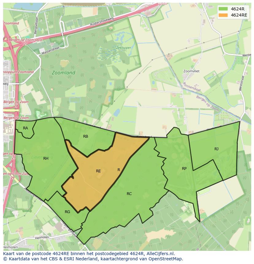 Afbeelding van het postcodegebied 4624 RE op de kaart.