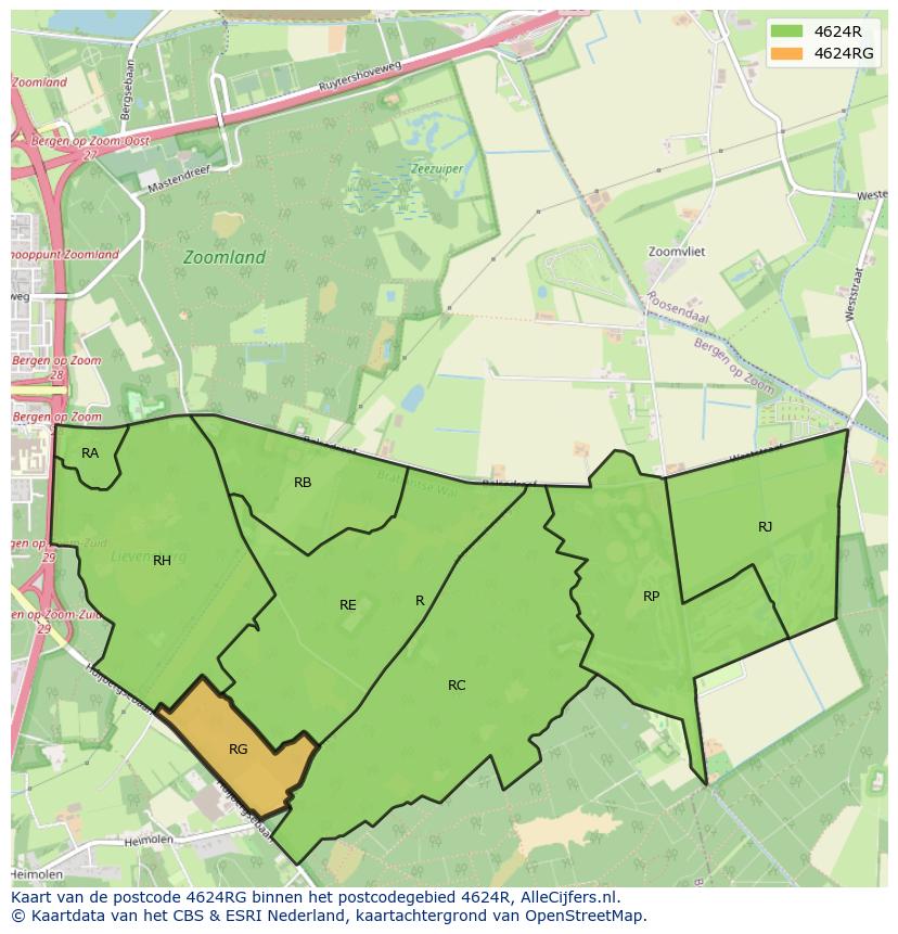 Afbeelding van het postcodegebied 4624 RG op de kaart.