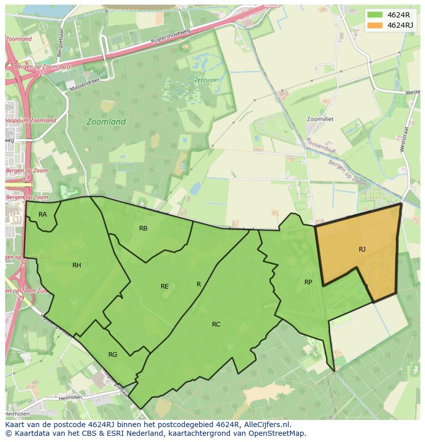 Afbeelding van het postcodegebied 4624 RJ op de kaart.