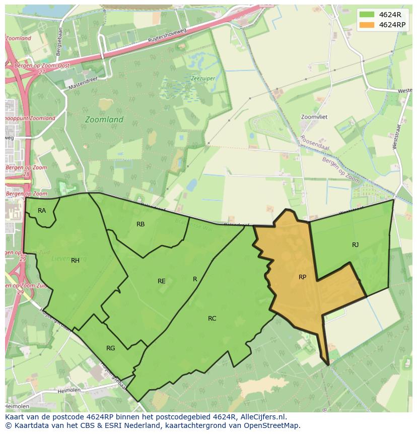 Afbeelding van het postcodegebied 4624 RP op de kaart.