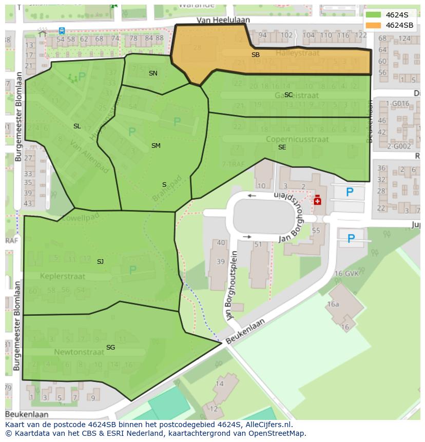 Afbeelding van het postcodegebied 4624 SB op de kaart.