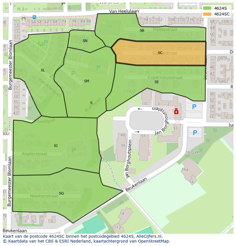 Afbeelding van het postcodegebied 4624 SC op de kaart.