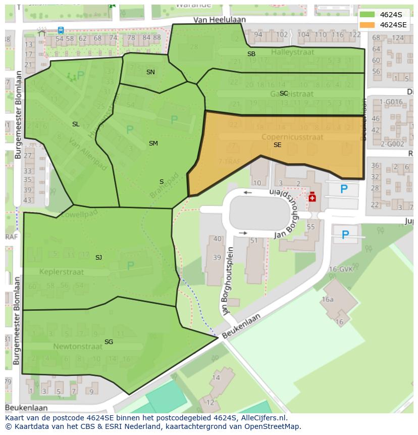 Afbeelding van het postcodegebied 4624 SE op de kaart.