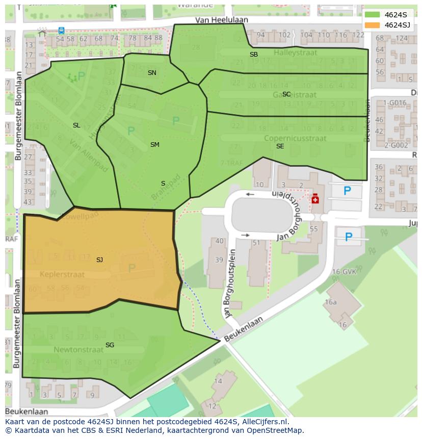 Afbeelding van het postcodegebied 4624 SJ op de kaart.