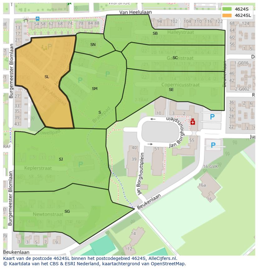 Afbeelding van het postcodegebied 4624 SL op de kaart.