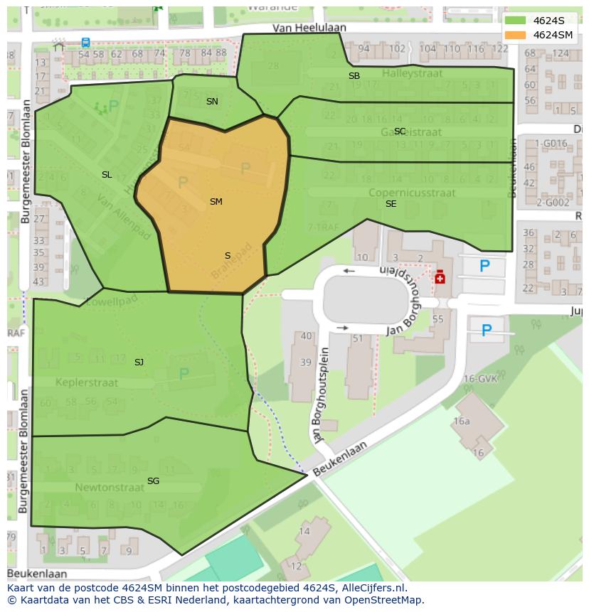 Afbeelding van het postcodegebied 4624 SM op de kaart.