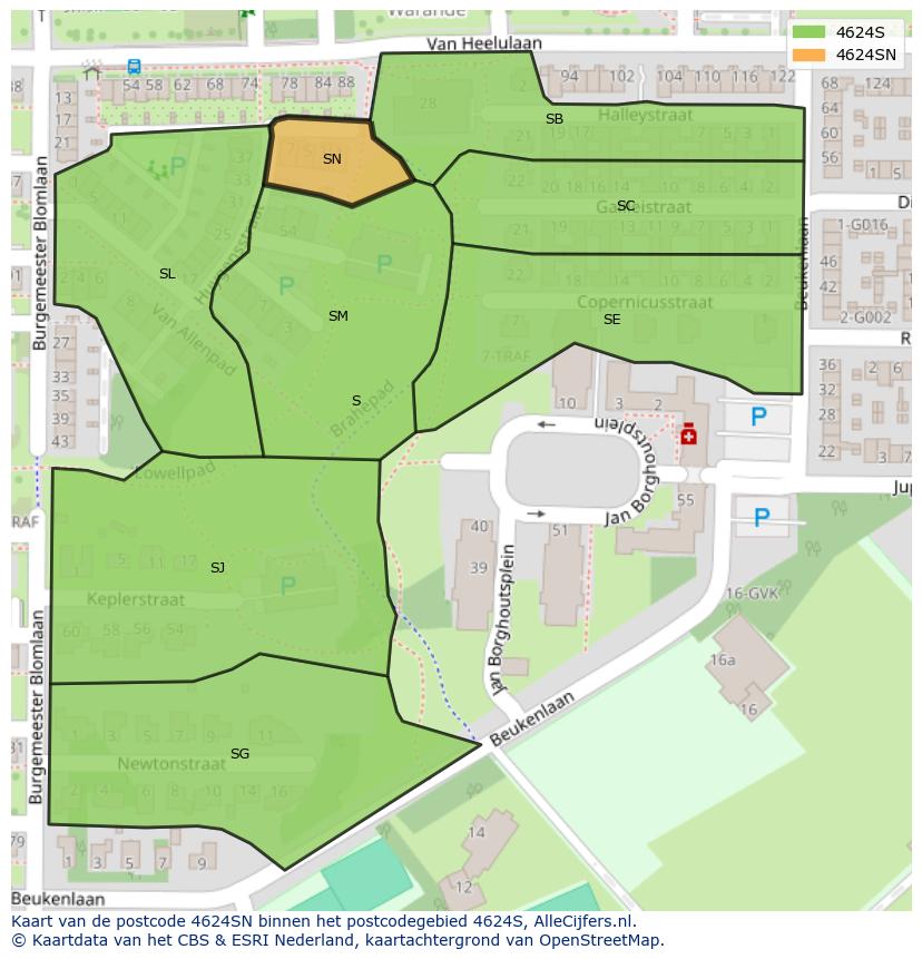 Afbeelding van het postcodegebied 4624 SN op de kaart.