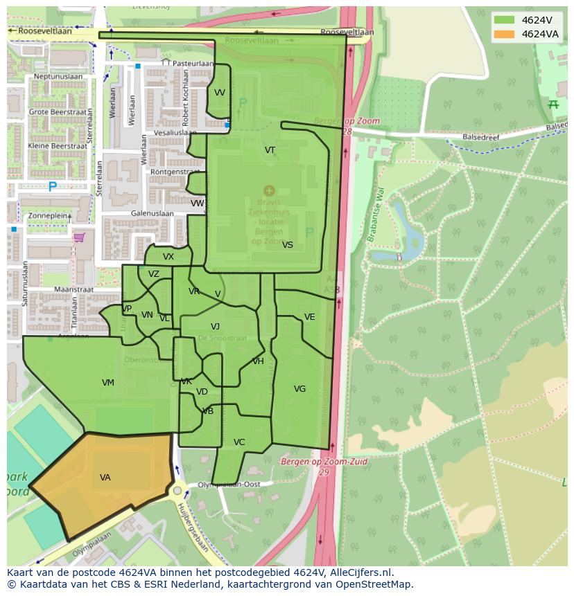 Afbeelding van het postcodegebied 4624 VA op de kaart.