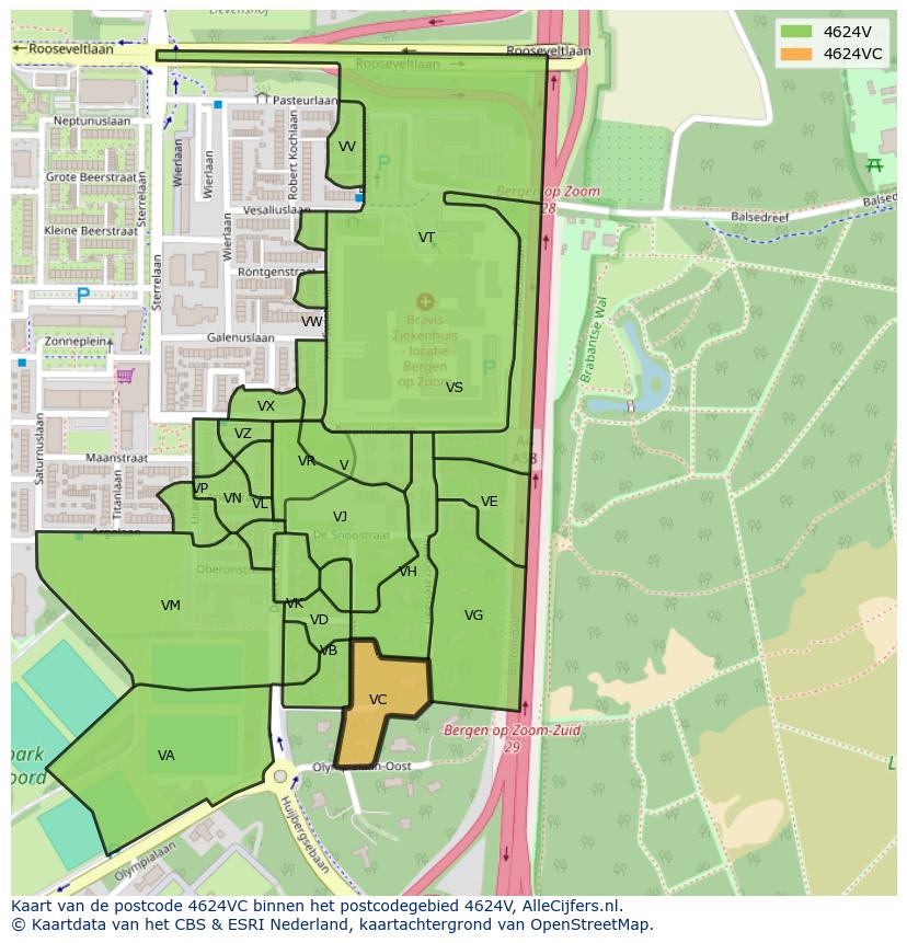 Afbeelding van het postcodegebied 4624 VC op de kaart.
