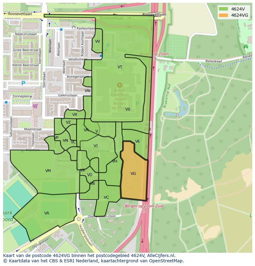 Afbeelding van het postcodegebied 4624 VG op de kaart.