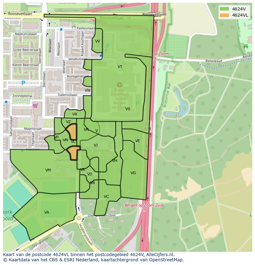 Afbeelding van het postcodegebied 4624 VL op de kaart.