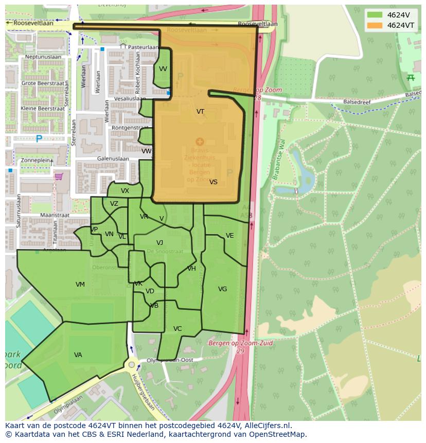 Afbeelding van het postcodegebied 4624 VT op de kaart.
