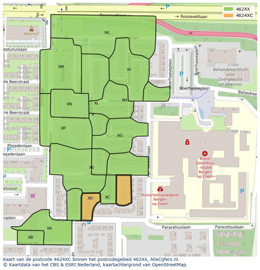 Afbeelding van het postcodegebied 4624 XC op de kaart.
