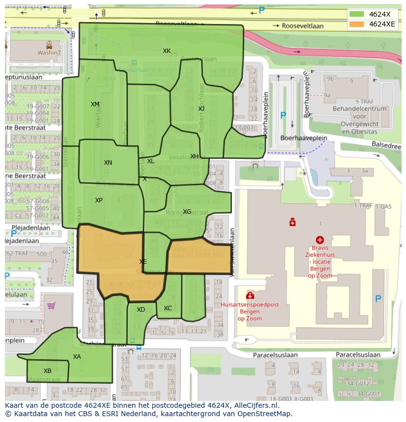 Afbeelding van het postcodegebied 4624 XE op de kaart.