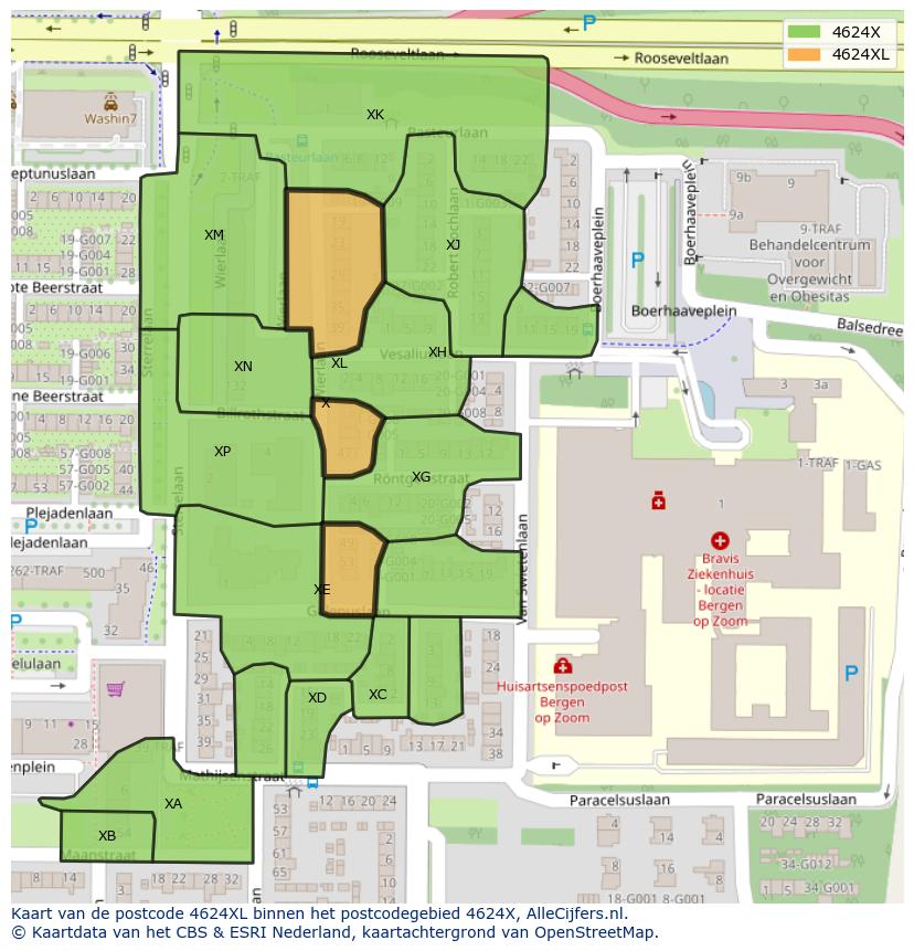 Afbeelding van het postcodegebied 4624 XL op de kaart.