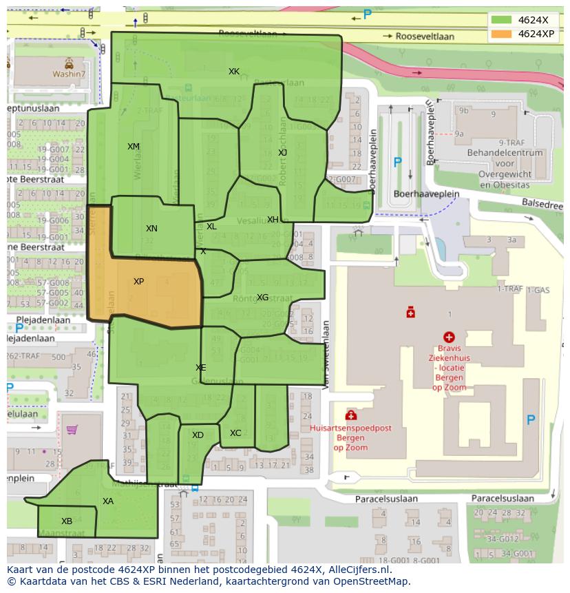 Afbeelding van het postcodegebied 4624 XP op de kaart.