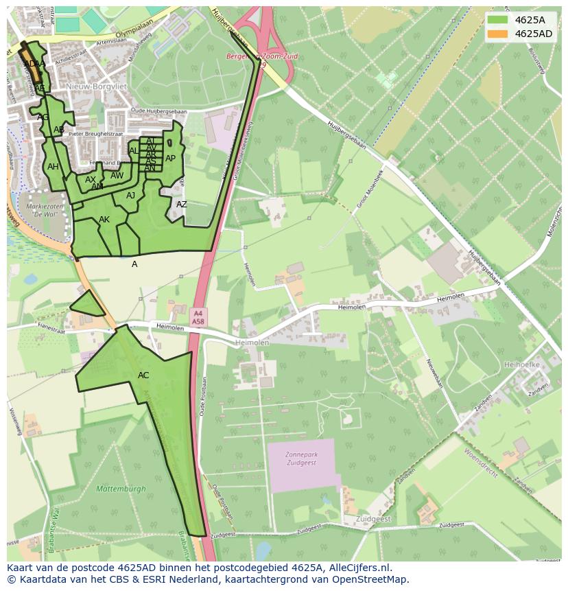 Afbeelding van het postcodegebied 4625 AD op de kaart.