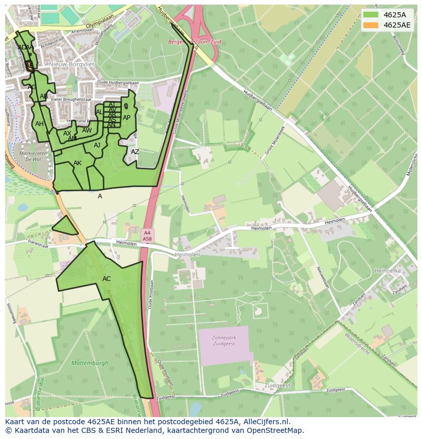 Afbeelding van het postcodegebied 4625 AE op de kaart.