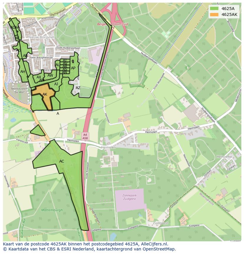 Afbeelding van het postcodegebied 4625 AK op de kaart.