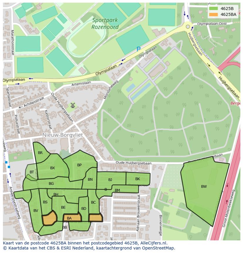 Afbeelding van het postcodegebied 4625 BA op de kaart.
